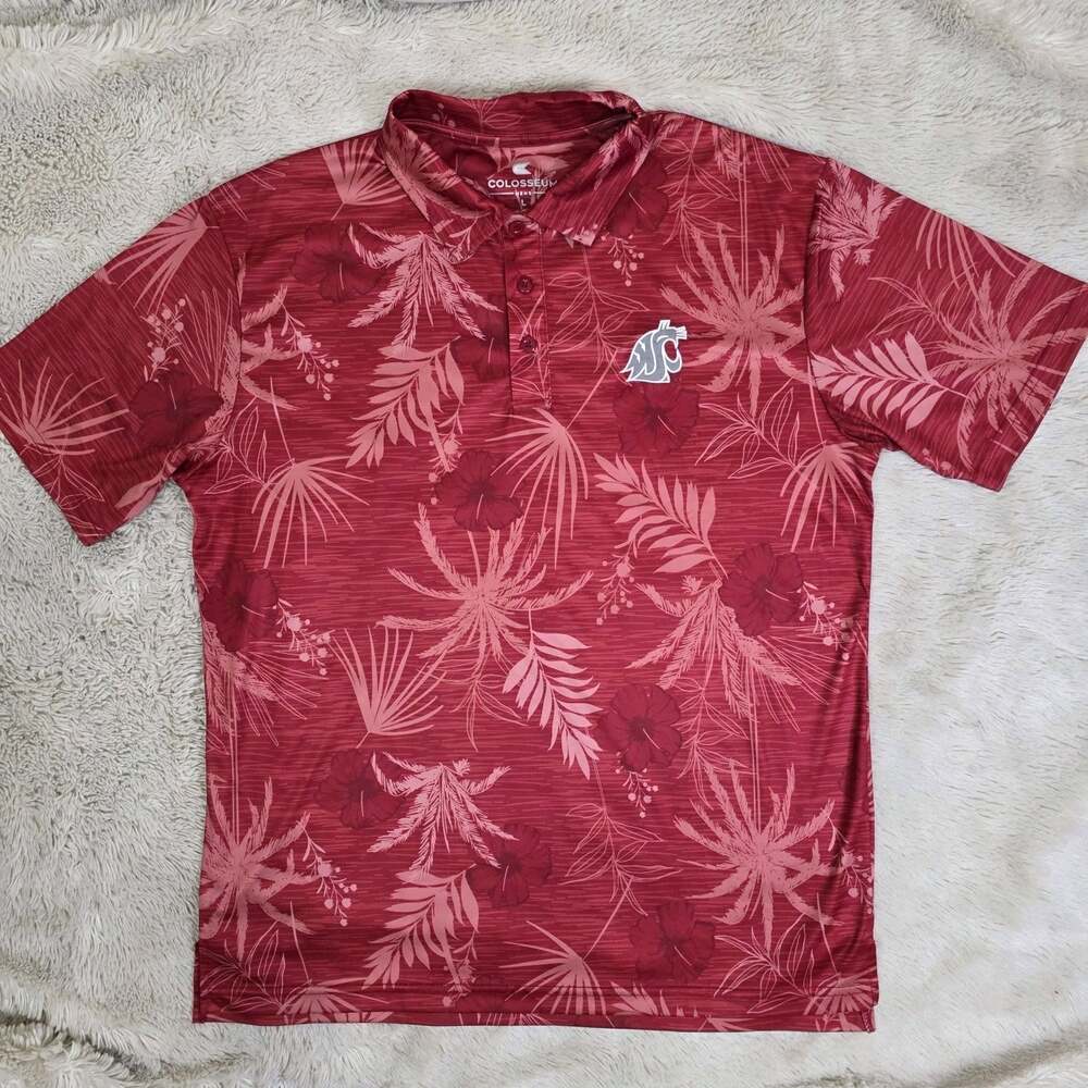 WSU Cougars Polo Shirt Mens Large Crimson Hawaiian Print Short Sleeve